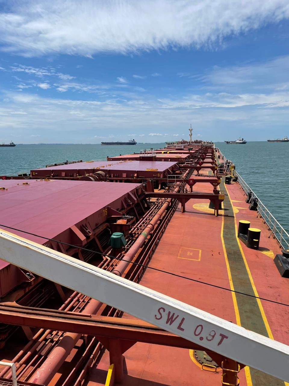 Bulk carrier deck view underway at sea